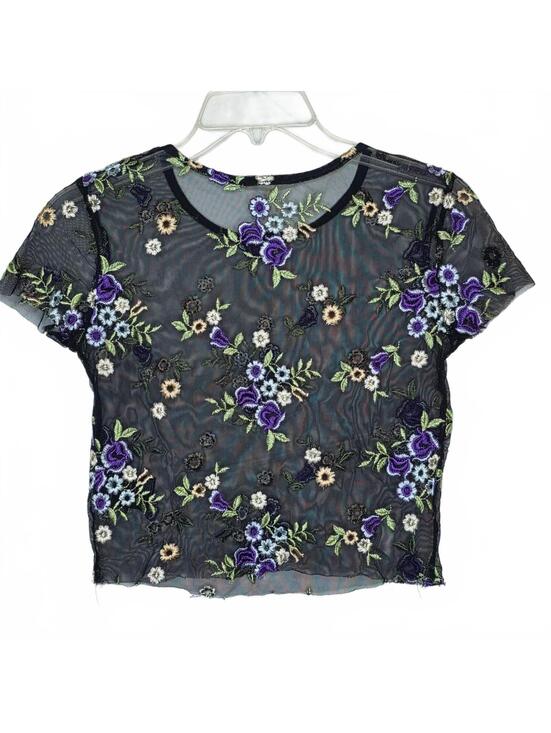 Urban Outfitters Tops - Urban Outfitters Black Mesh Tee Blouse with Embroidered Flowers Sz S 90's Crop
